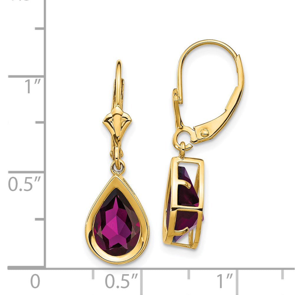 14k Yellow Gold 10x7mm Pear Rhodolite Garnet Leverback Earrings