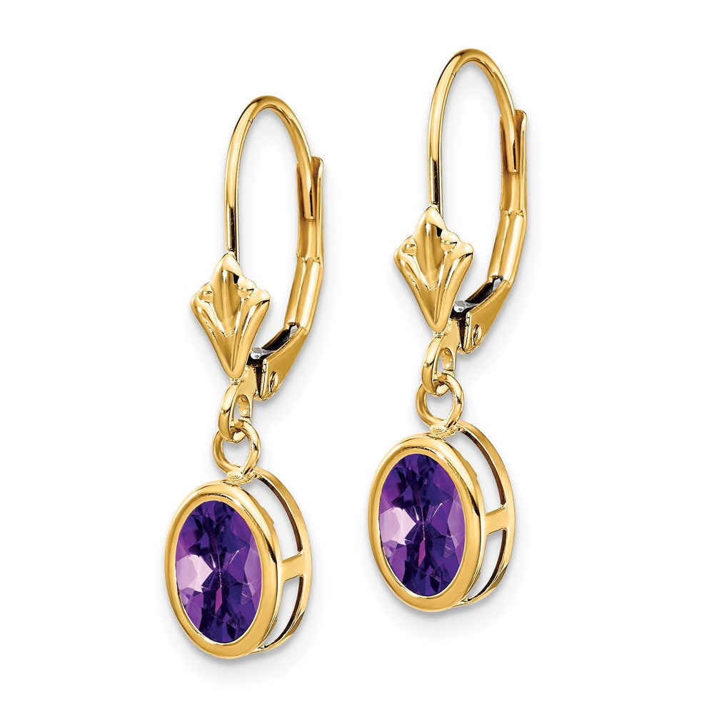 14k Yellow Gold 7x5mm Oval Amethyst Leverback Earrings