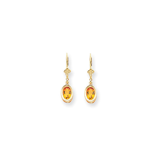 14k Yellow Gold 7x5mm Oval Citrine Checker leverback Earrings