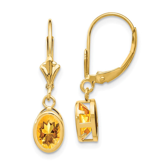 14k Yellow Gold Citrine Oval Leverback Earrings