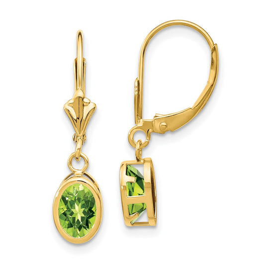 14k Yellow Gold 7x5mm Oval Peridot Leverback Earrings