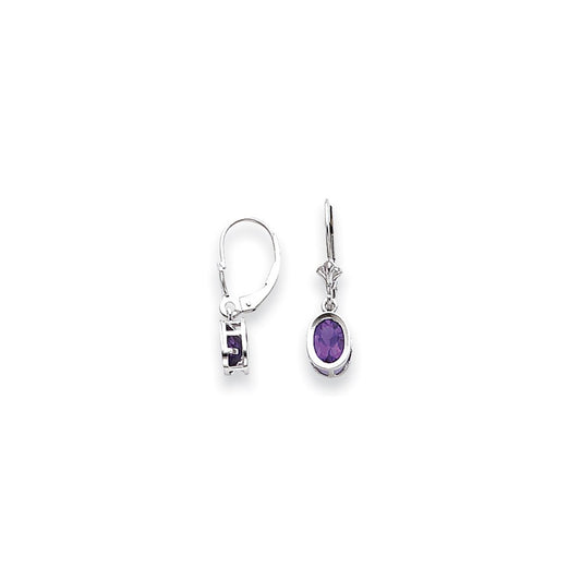 14k White Gold 7x5mm Oval Amethyst Checker leverback Earrings