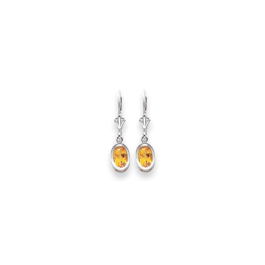 14k White Gold 7x5mm Oval Citrine Checker leverback Earrings