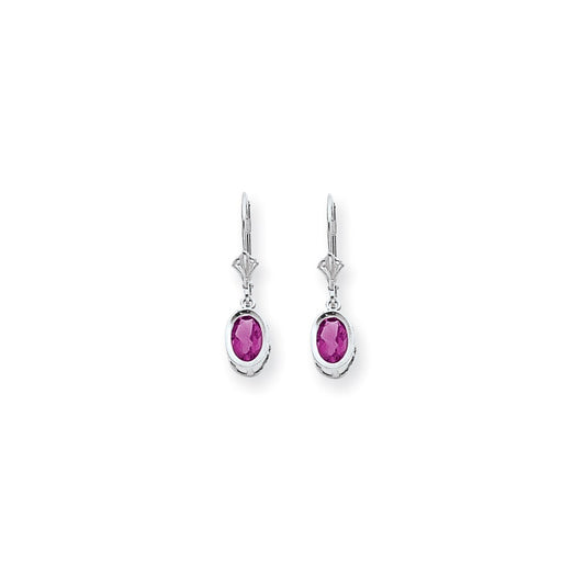 14k White Gold 7x5mm Oval Pink Sapphire leverback Earrings