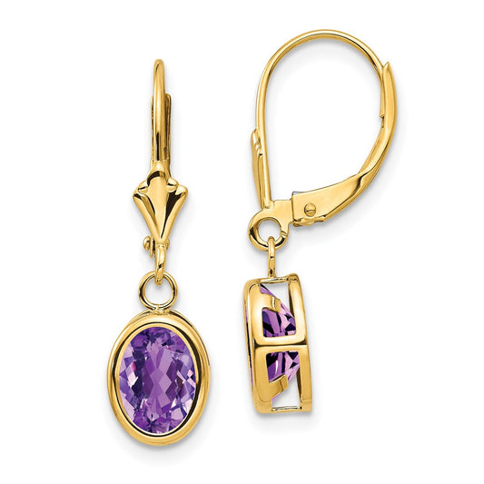 14k Yellow Gold 8x6mm Oval Amethyst Leverback Earrings