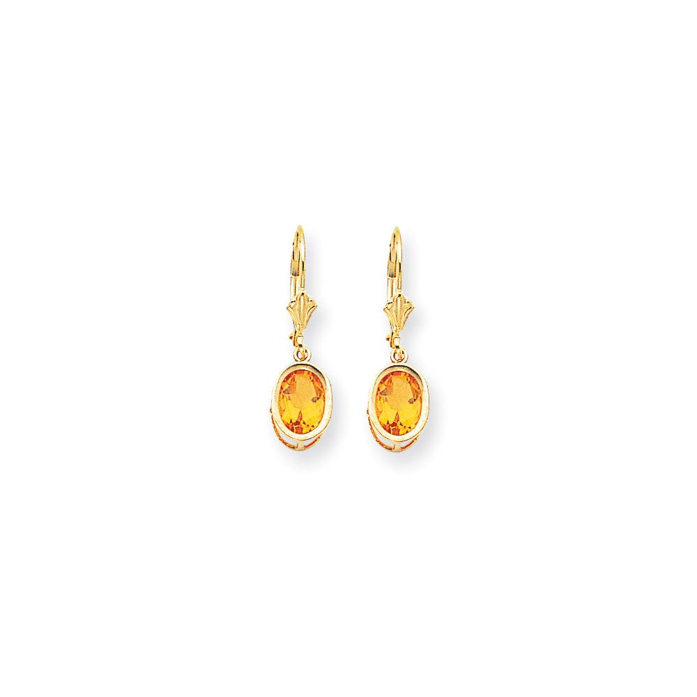 14k Yellow Gold 8x6mm Oval Citrine Checker leverback Earrings