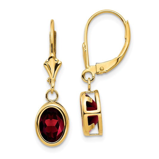 14k Yellow Gold 8x6mm Oval Garnet Leverback Earrings