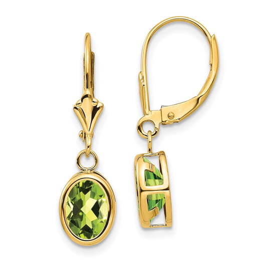 14k Yellow Gold 8x6mm Oval Peridot Leverback Earrings