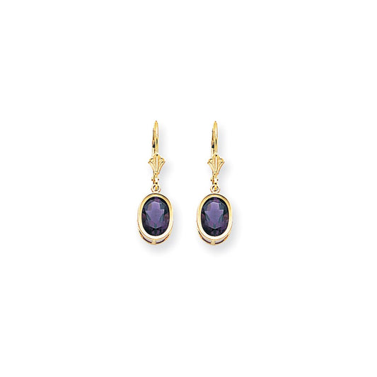 14k Yellow Gold 9x7mm Oval Amethyst Checker leverback Earrings