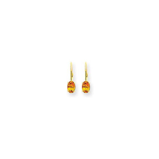 14k Yellow Gold 6x4mm Oval Citrine Checker leverback Earrings