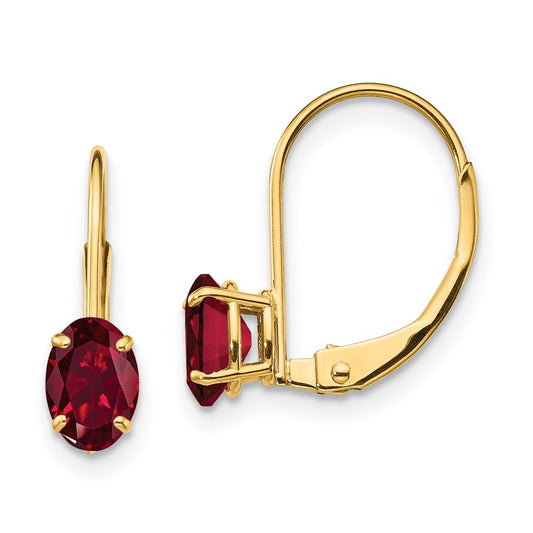 14k Yellow Gold 6x4mm Oval Created Ruby Leverback Earrings