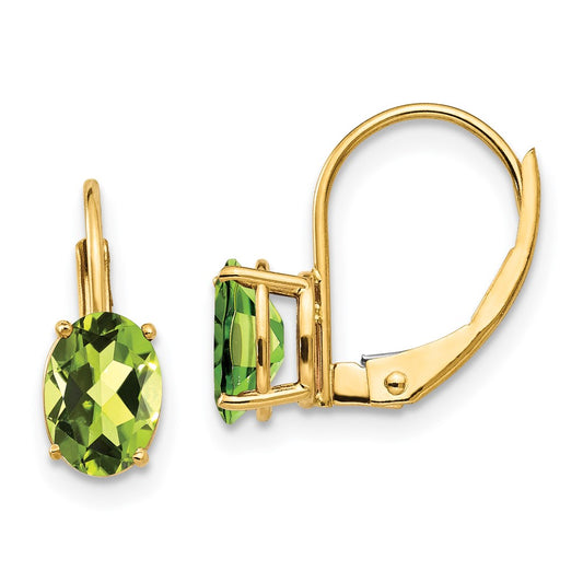 14k Yellow Gold 7x5mm Oval Peridot Leverback Earrings