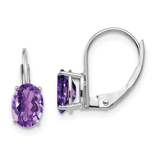 14k White Gold 7x5mm Oval Amethyst Leverback Earrings