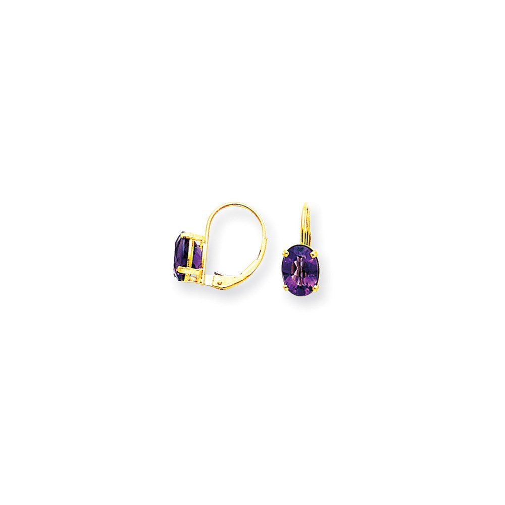 14k Yellow Gold 8x6mm Oval Amethyst Checker leverback Earrings