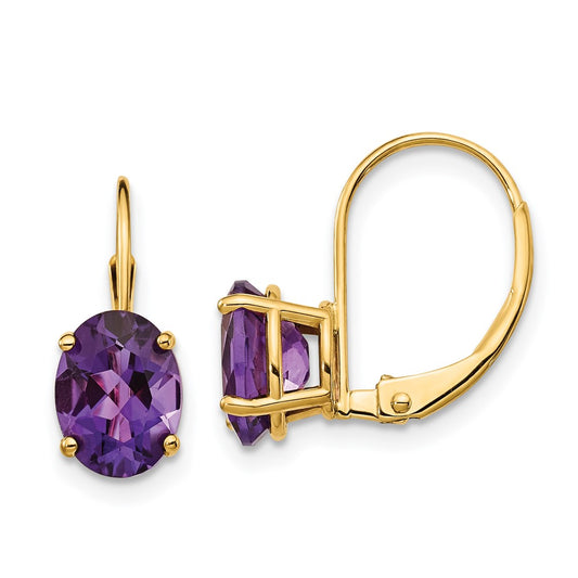 14k Yellow Gold 8x6mm Oval Amethyst Leverback Earrings