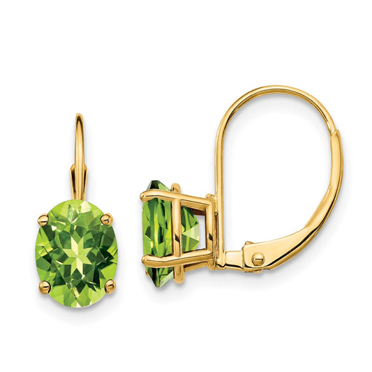 14k Yellow Gold 8x6mm Oval Peridot Leverback Earrings