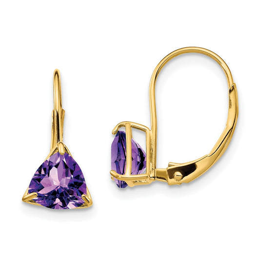 14k Yellow Gold 6mm Trillion Amethyst Leverback Earrings