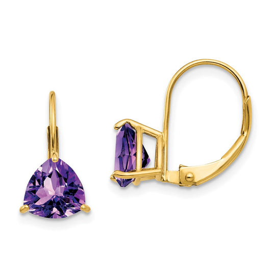 14k Yellow Gold 7mm Trillion Amethyst Leverback Earrings