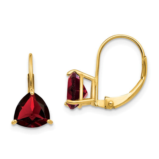 14k Yellow Gold 7mm Trillion Garnet Leverback Earrings