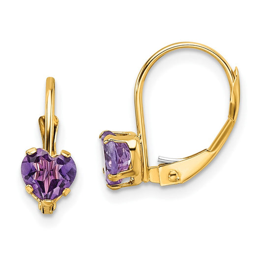 14k Yellow Gold 5mm Heart Amethyst Leverback Earrings