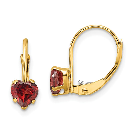 14k Yellow Gold 5mm Heart Garnet Leverback Earrings