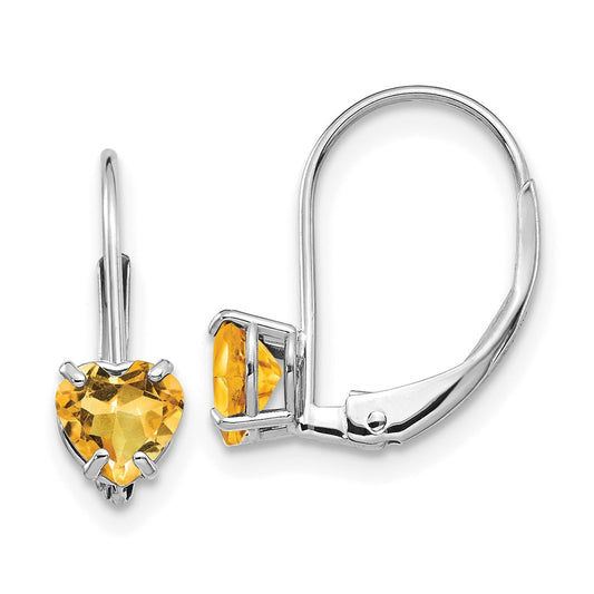 14k White Gold 5mm Heart Citrine Leverback Earrings