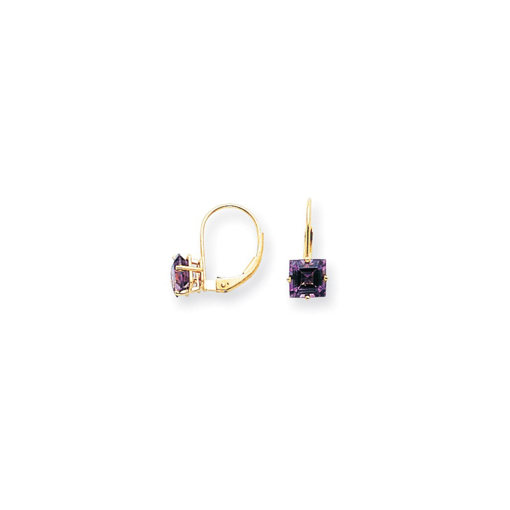 14k Yellow Gold 6mm Princess Cut Amethyst Leverback Earrings