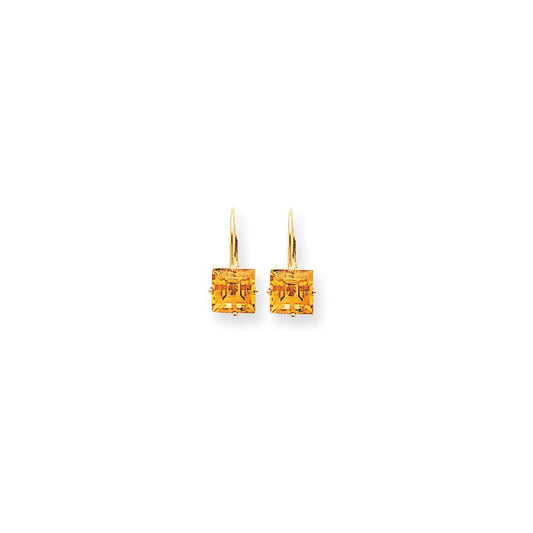 14k Yellow Gold 7mm Princess Cut Citrine Leverback Earrings