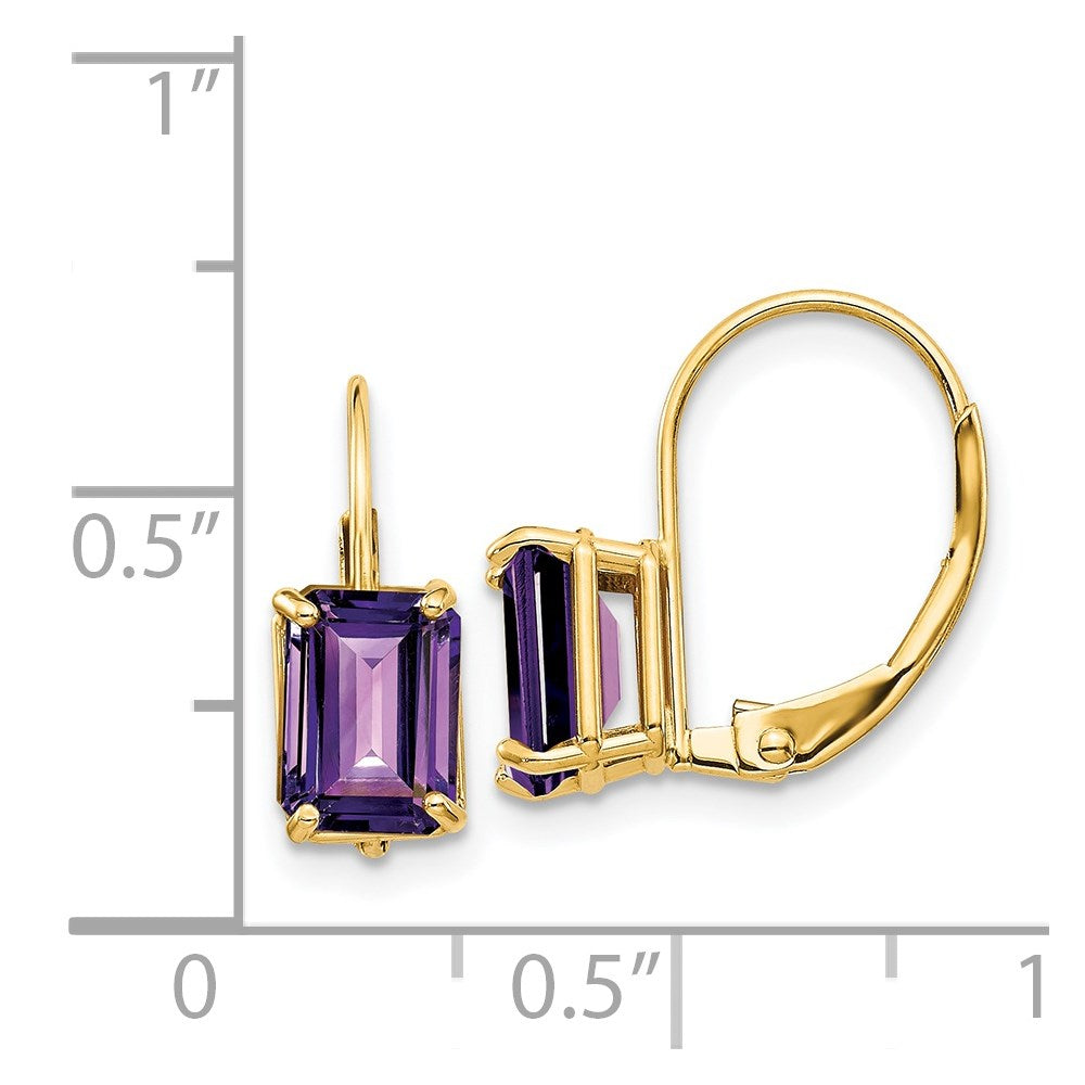 14k Yellow Gold 7x5mm Emerald Cut Amethyst Leverback Earrings