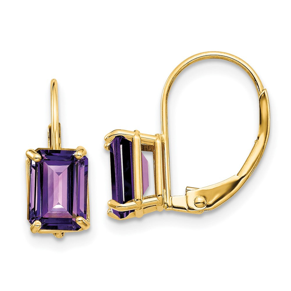 14k Yellow Gold 7x5mm Emerald Cut Amethyst Leverback Earrings