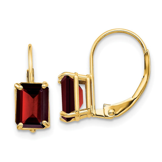 14k Yellow Gold 7x5mm Emerald Cut Garnet Leverback Earrings