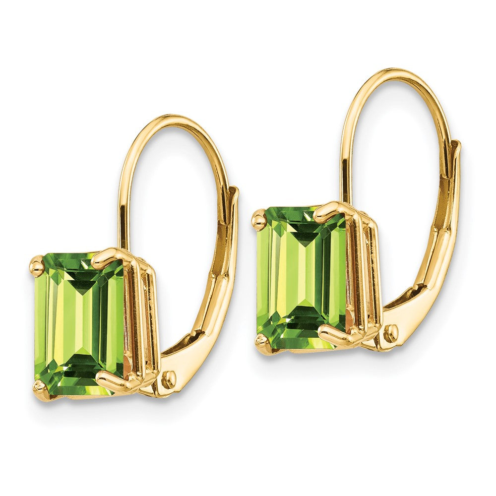 14k Yellow Gold 7x5mm Emerald Cut Peridot Leverback Earrings