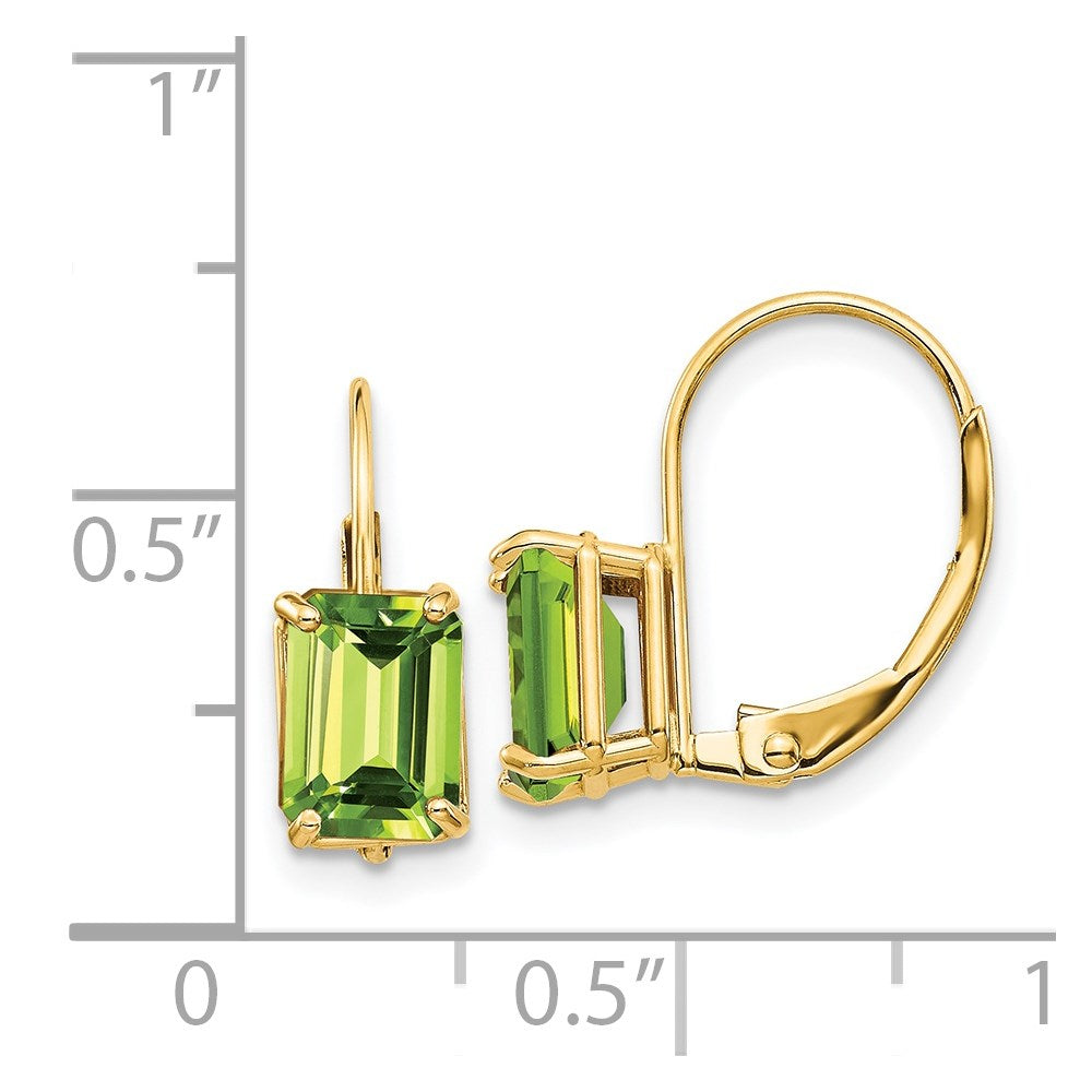 14k Yellow Gold 7x5mm Emerald Cut Peridot Leverback Earrings