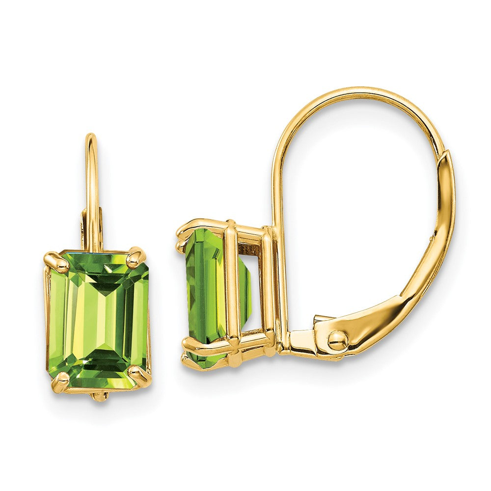 14k Yellow Gold 7x5mm Emerald Cut Peridot Leverback Earrings