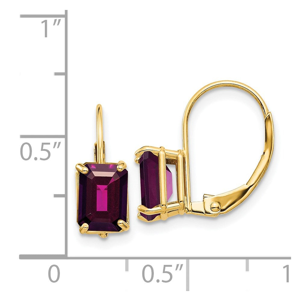 14k Yellow Gold 7x5mm Emerald Cut Rhodolite Garnet Leverback Earrings