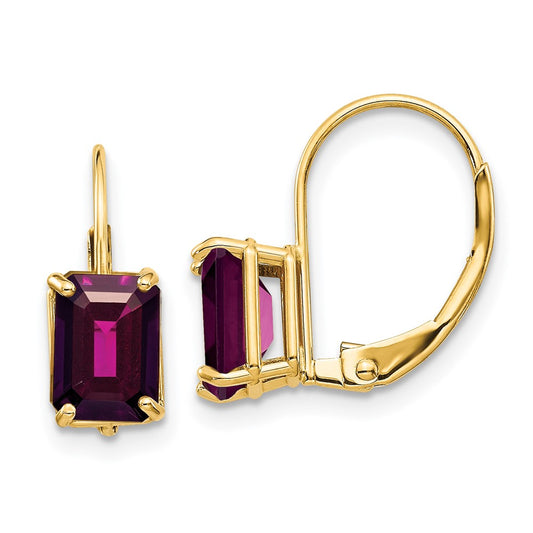 14k Yellow Gold 7x5mm Emerald Cut Rhodolite Garnet Leverback Earrings