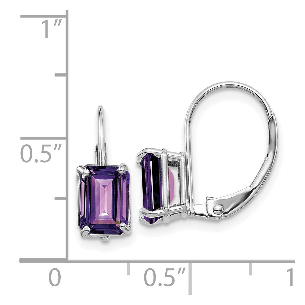 14k White Gold 7x5mm Emerald Cut Amethyst Leverback Earrings