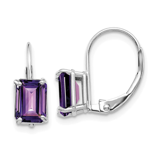 14k White Gold 7x5mm Emerald Cut Amethyst Leverback Earrings