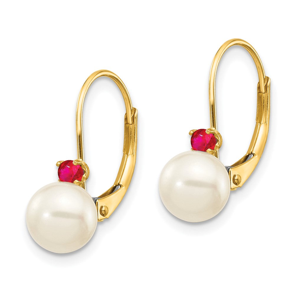 14k Yellow Gold 6-6.5mm White Round FW Cultured Pearl Ruby Leverback Earrings