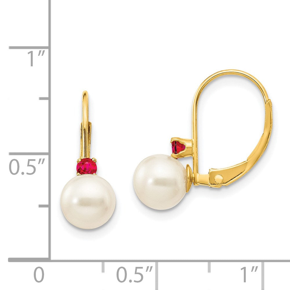 14k Yellow Gold 6-6.5mm White Round FW Cultured Pearl Ruby Leverback Earrings