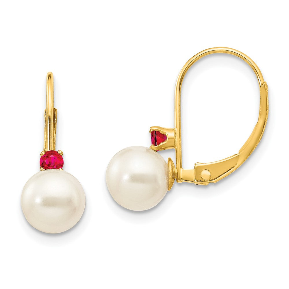 14k Yellow Gold 6-6.5mm White Round FW Cultured Pearl Ruby Leverback Earrings