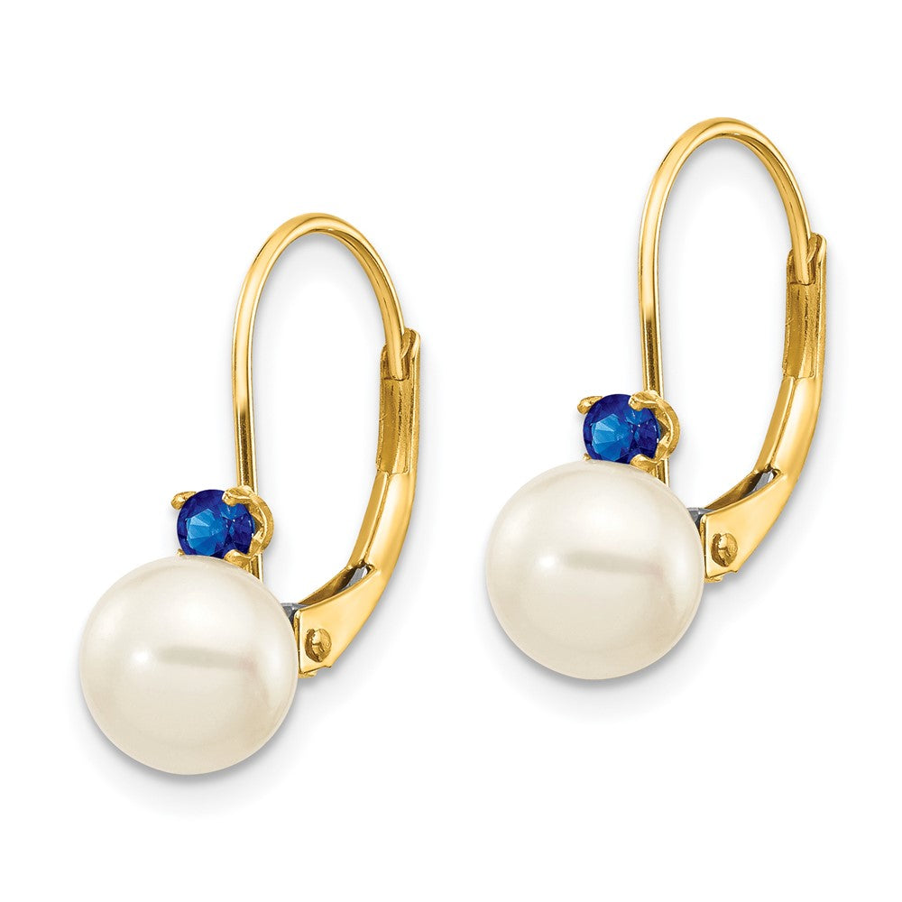 14k Yellow Gold 6-6.5mm White Round FW Cultured Pearl Sapphire Leverback Earrings