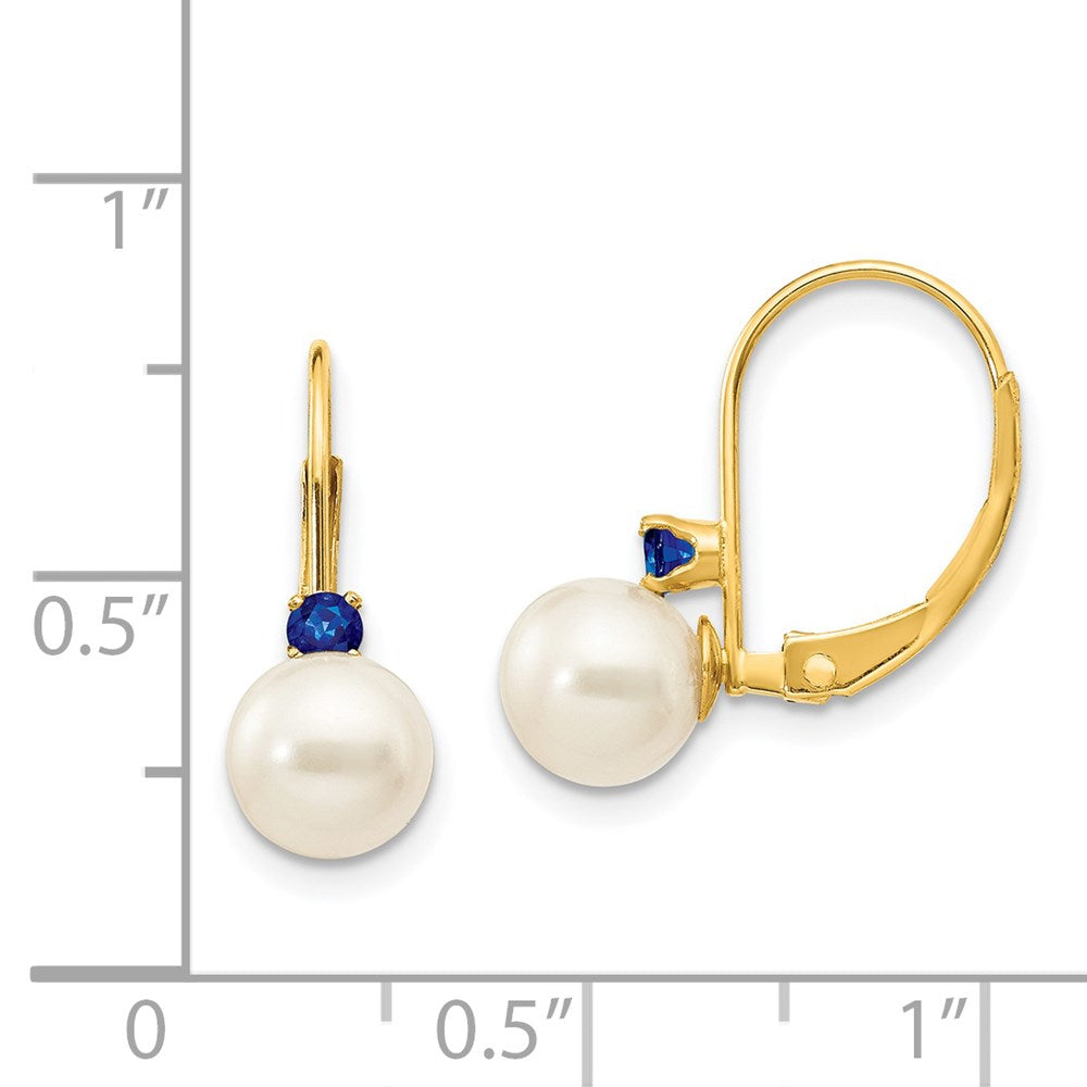 14k Yellow Gold 6-6.5mm White Round FW Cultured Pearl Sapphire Leverback Earrings