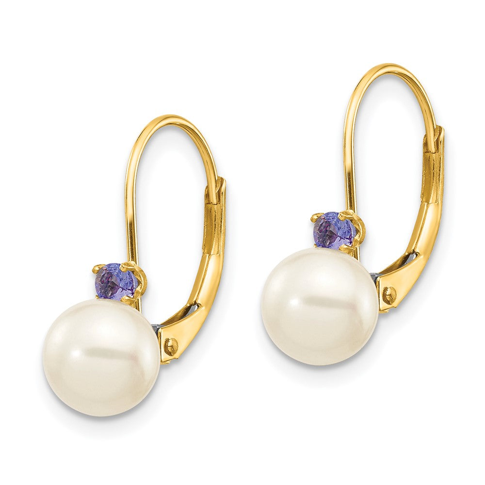 14k Yellow Gold 6-6.5mm White Round FW Cultured Pearl Tanzanite Leverback Earrings