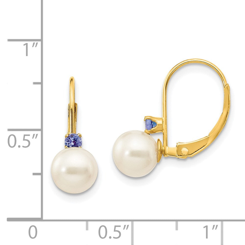 14k Yellow Gold 6-6.5mm White Round FW Cultured Pearl Tanzanite Leverback Earrings