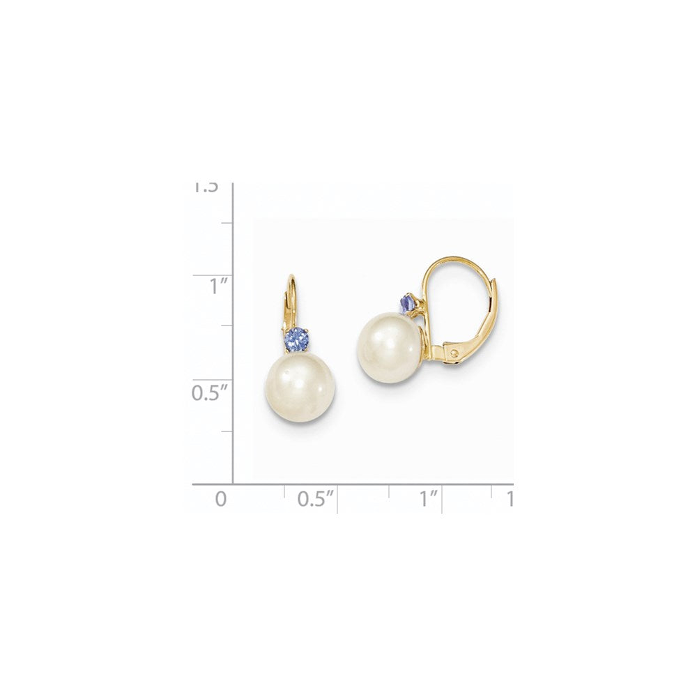 14k Yellow Gold 7-7.5mm White Round FW Cultured Pearl Tanzanite Leverback Earrings