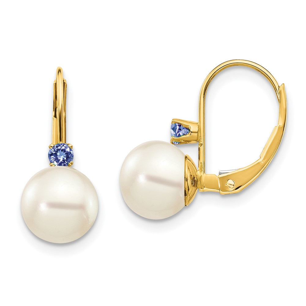 14k Yellow Gold 7-7.5mm White Round FW Cultured Pearl Tanzanite Leverback Earrings