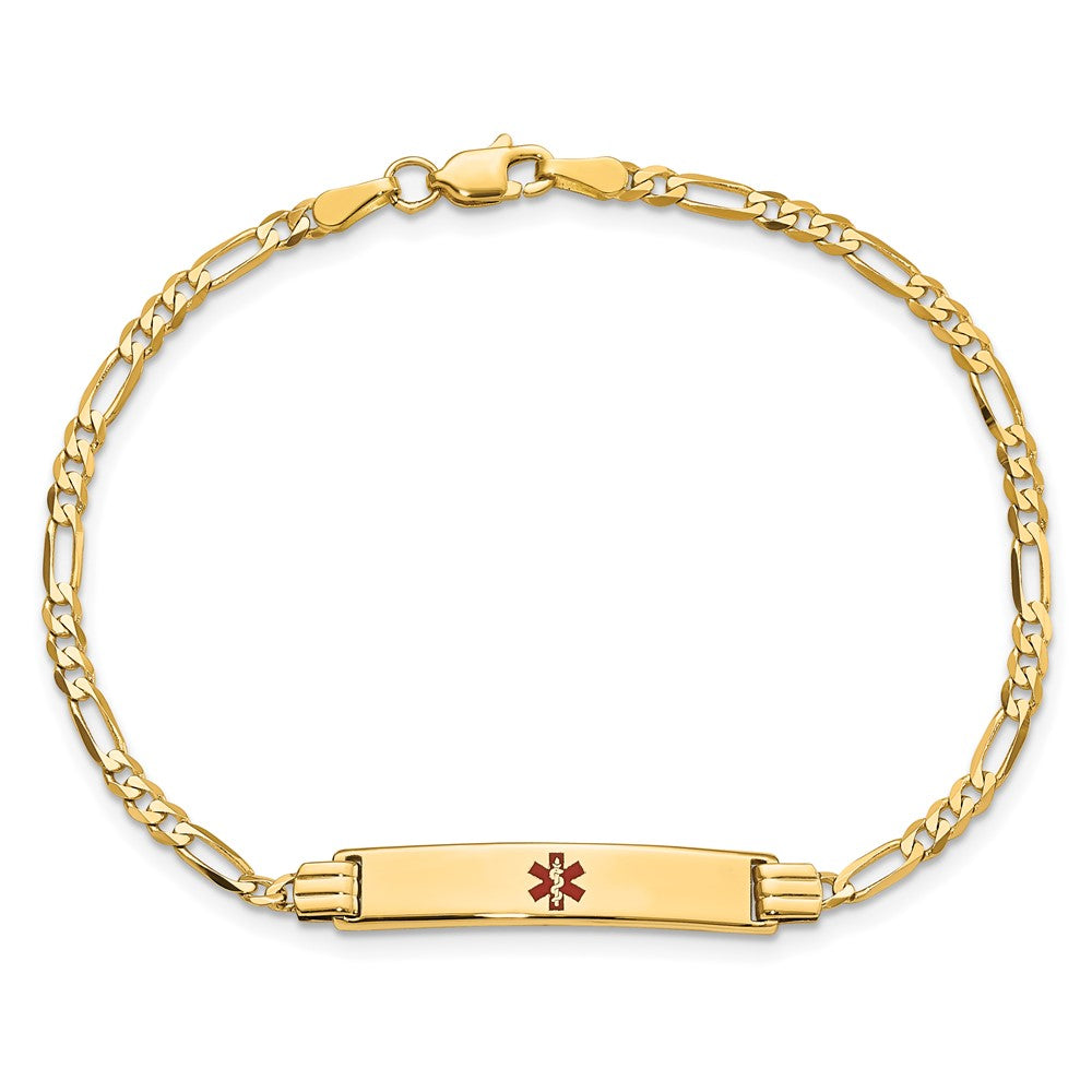 Solid 14K Yellow Gold Medical Red Enamel Figaro ID Bracelet