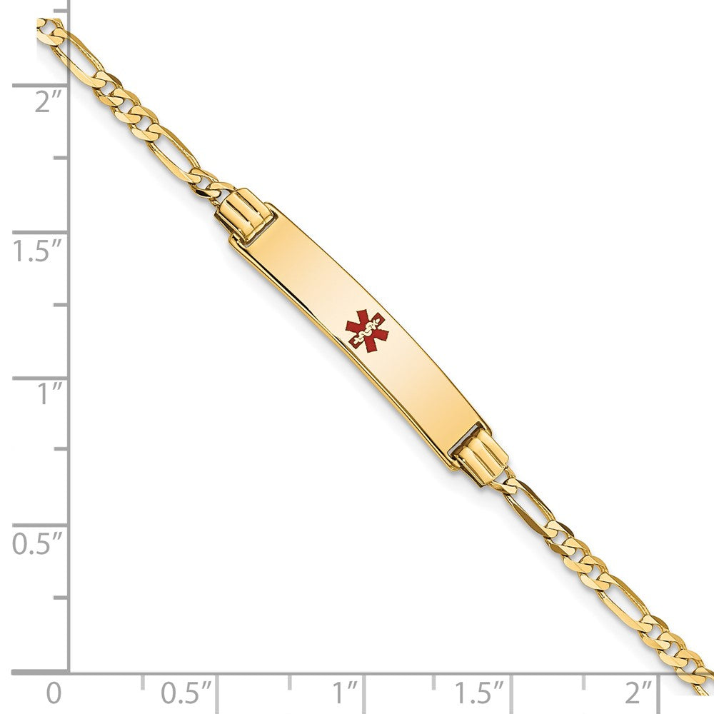 Solid 14K Yellow Gold Medical Red Enamel Figaro ID Bracelet