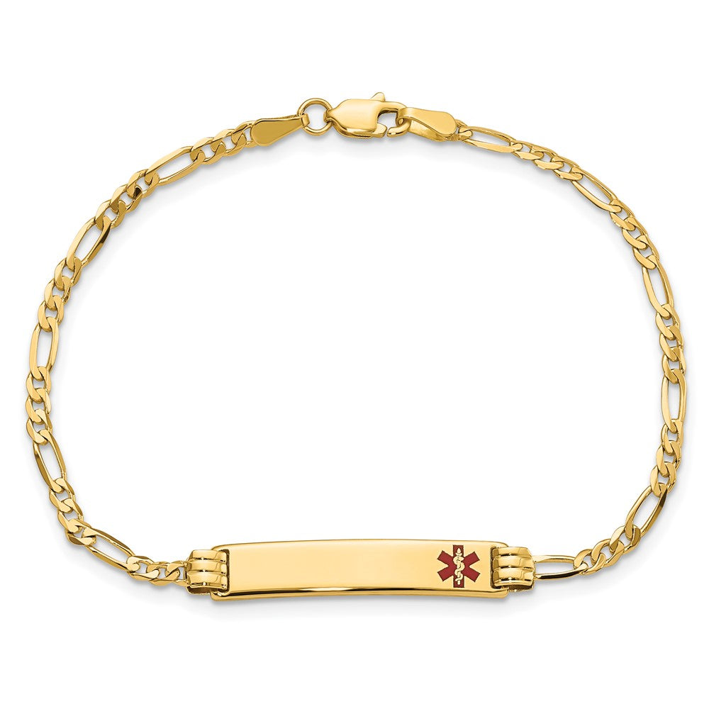 Solid 14K Yellow Gold Medical Red Enamel Figaro ID Bracelet